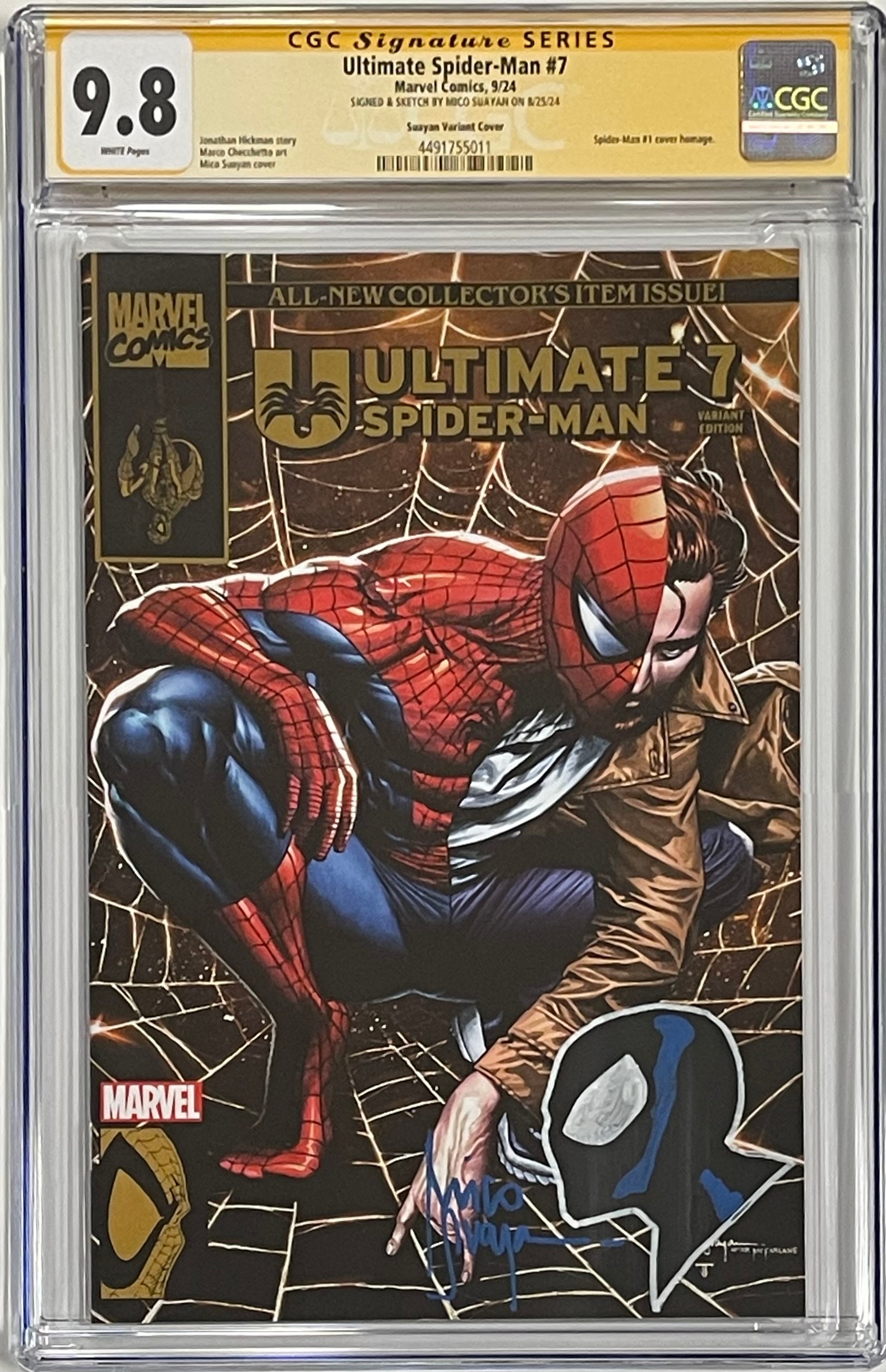 ULTIMATE SPIDER-MAN #7 MICO SUAYAN EXCLUSIVE VARIANT SIGNED W/BLACK COSTUME SPIDER-MAN SKETCH BY MICO SUAYAN CGC 9.8 (C74)