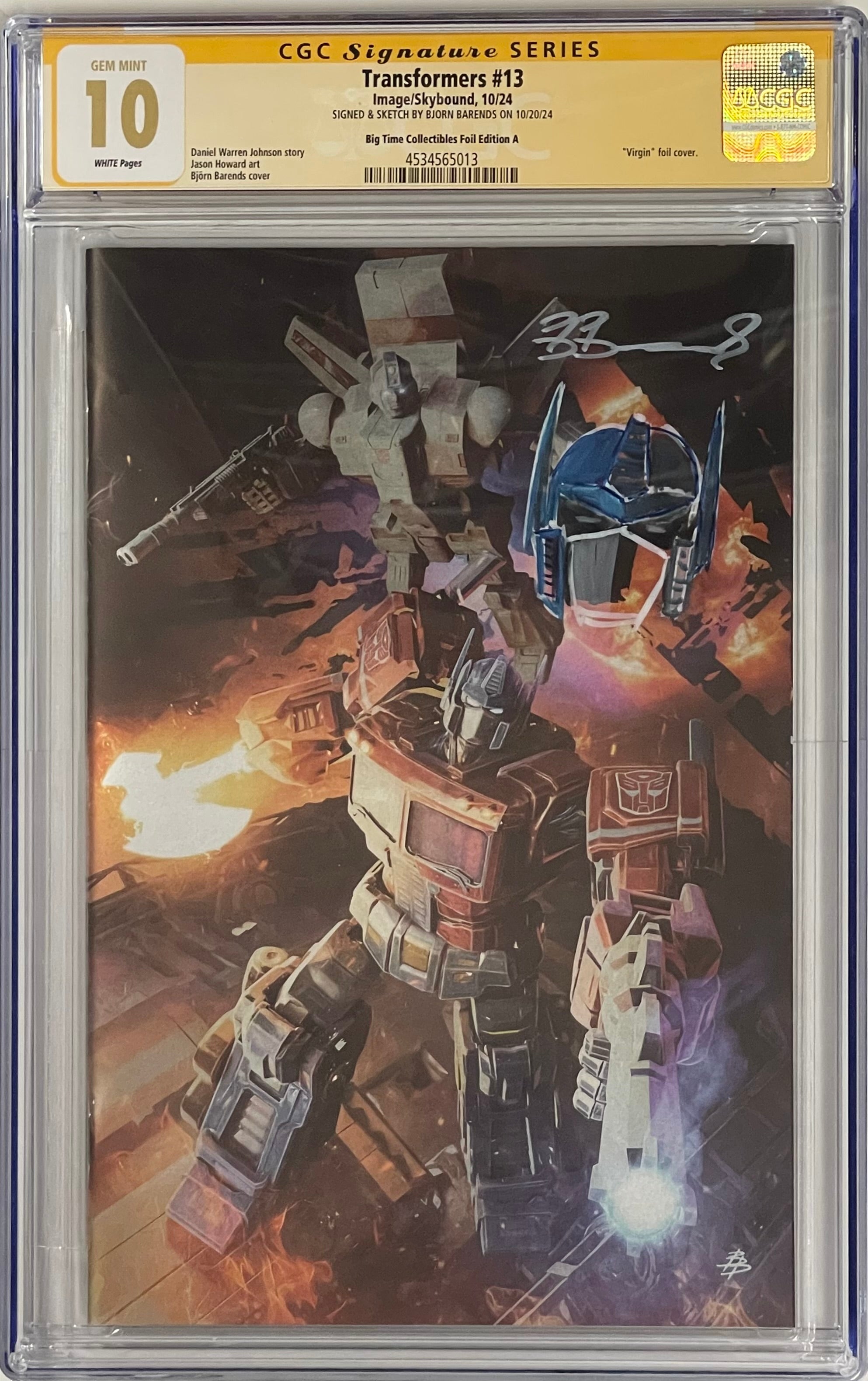 TRANSFORMERS #13 BJORN BARENDS FOIL EDITION SIGNED WITH OPTIMUS PRIME COLORED SKETCH BY BJORN BARENDS CGC 10 GEM MINT (C58)