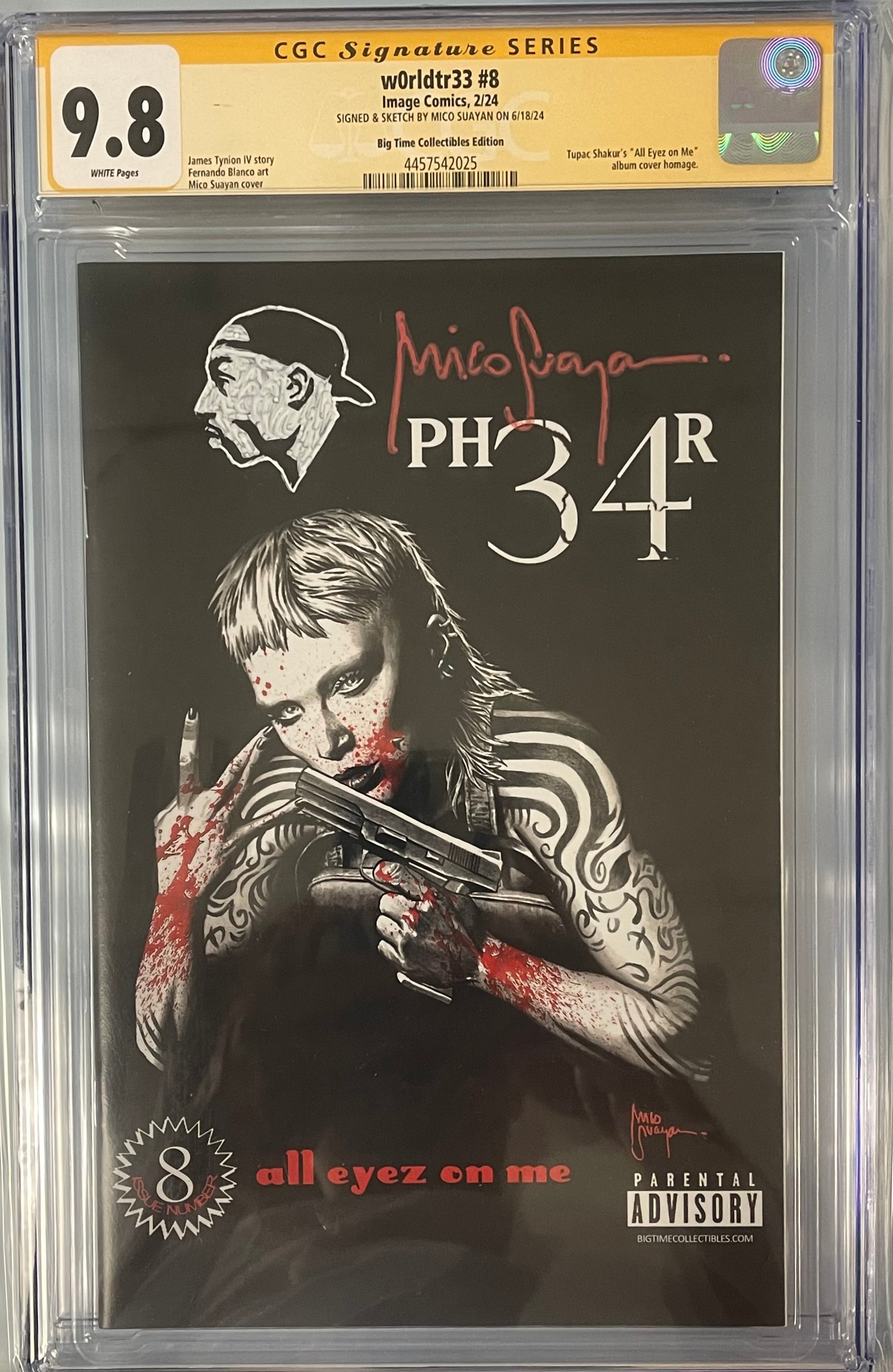 W0RLDTR33 #8 EXCLUSIVE TUPAC HOMAGE SIGNED WTUPAC SKETCH BY MICO SUAYAN CGC 9.8 (IN STOCK) C3