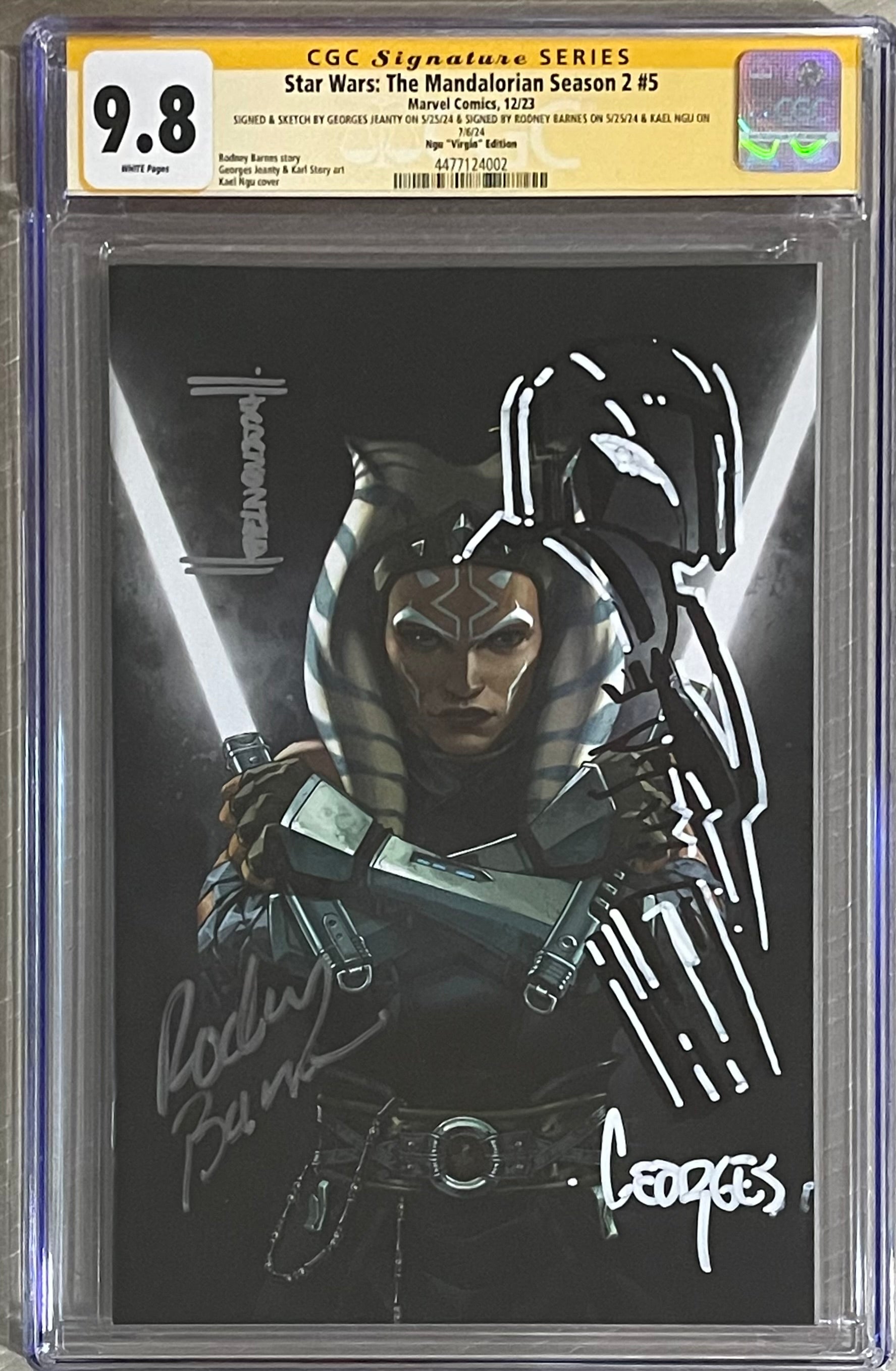 STAR WARS THE MANDALORIAN SEASON 2 #5 KAEL NGU EXCLUSIVE VIRGIN VARIANT SIGNED BY KAEL NGU, RODNEY BARNES W/MANDALORIAN SKETCH BY GEORGES JEANTY CGC 9.8 (IN STOCK) C87