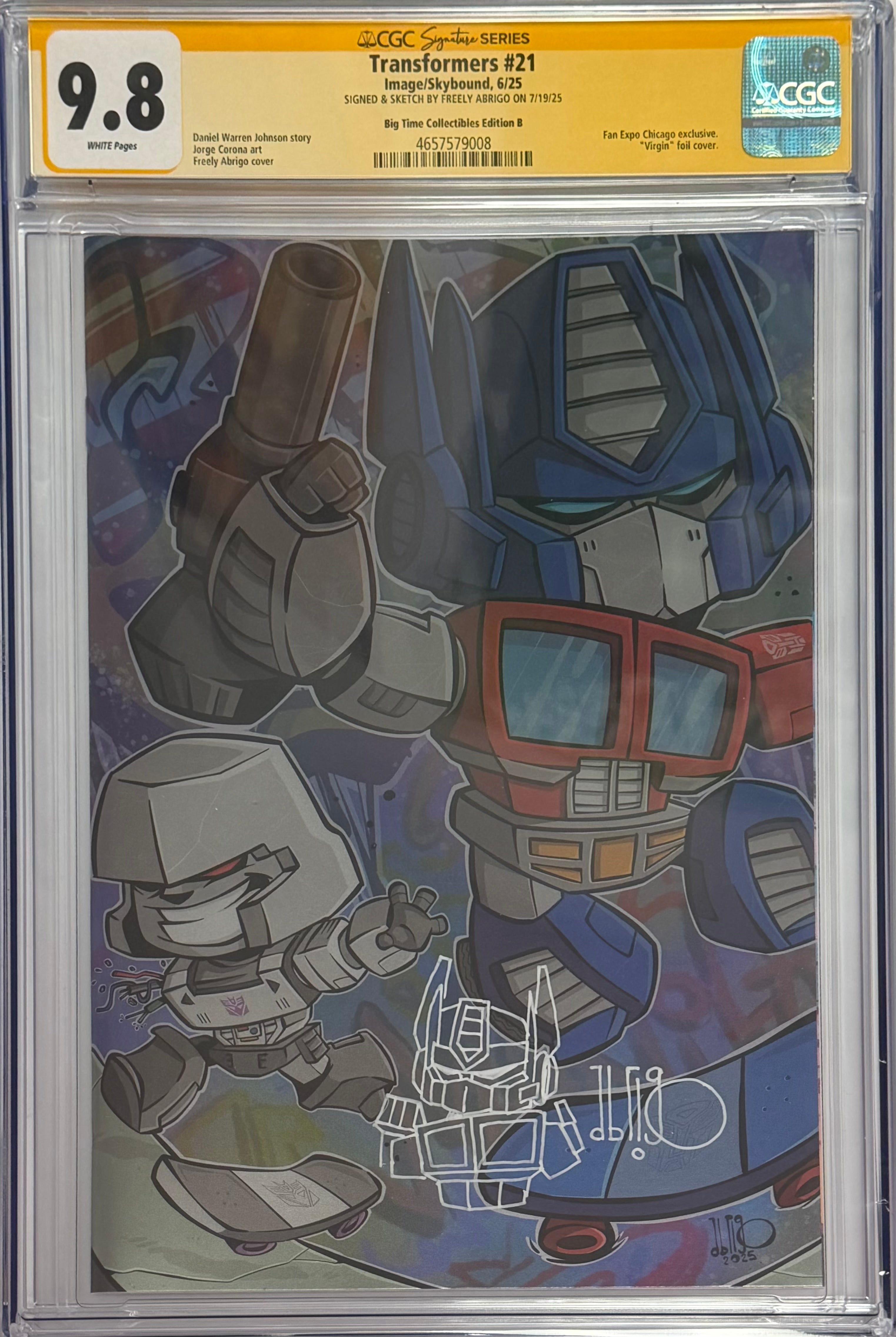 TRANSFORMERS #21 FREEL ABRIGO EXCLUSIVE FOIL EDITION SIGNED W/OPTIMUS PRIME SKETCH BY FREELY ABRIGO CGC 9.8 (IN STOCK) C65