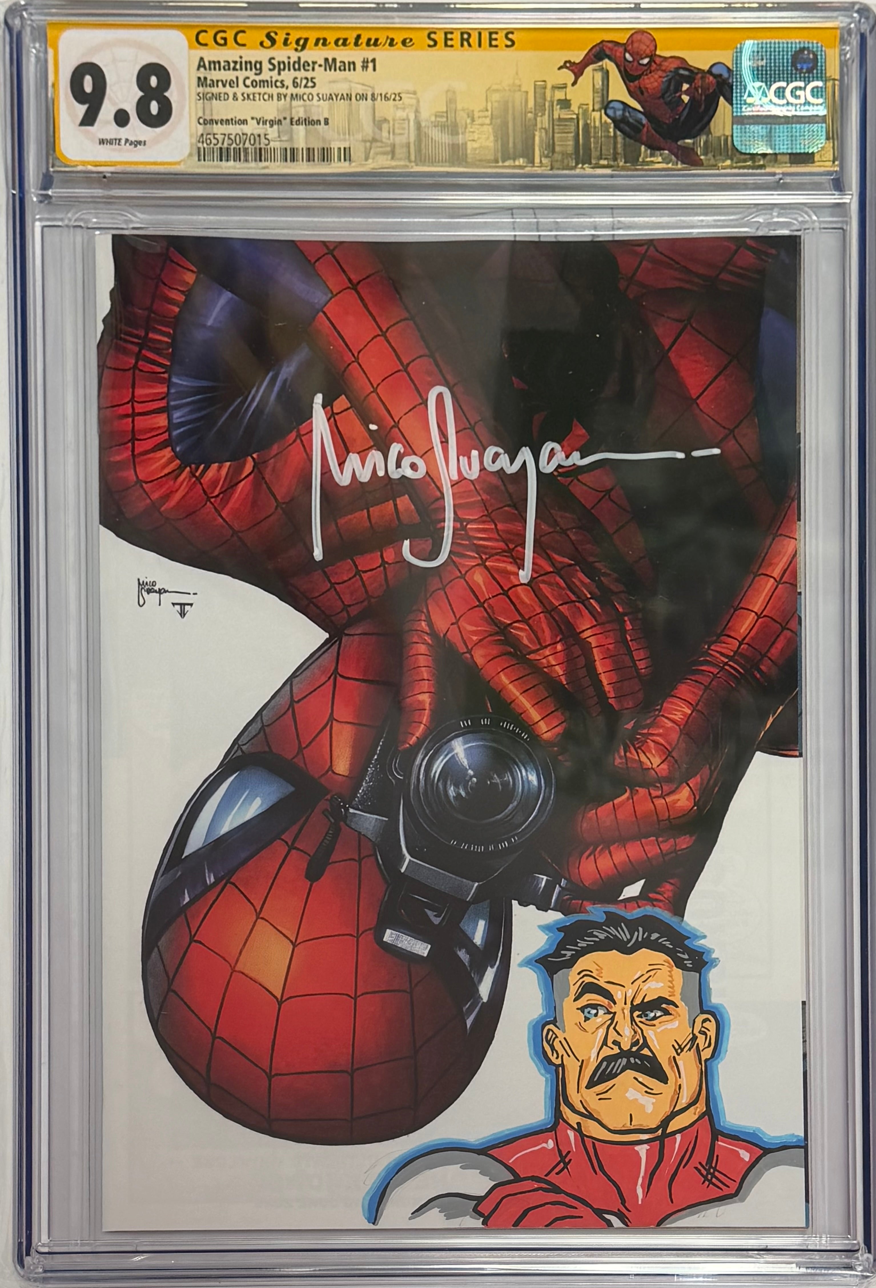 AMAZING SPIDER-MAN #1 MICO SUAYAN C2E2 EXCLUSIVE VIRGIN EDITION SIGNED W/COLORED OMNI-MAN SKETCH BY MICO SUAYAN CGC 9.8 W/SPIDER-MAN NYC CUSTOM LABEL (IN STOCK) C63