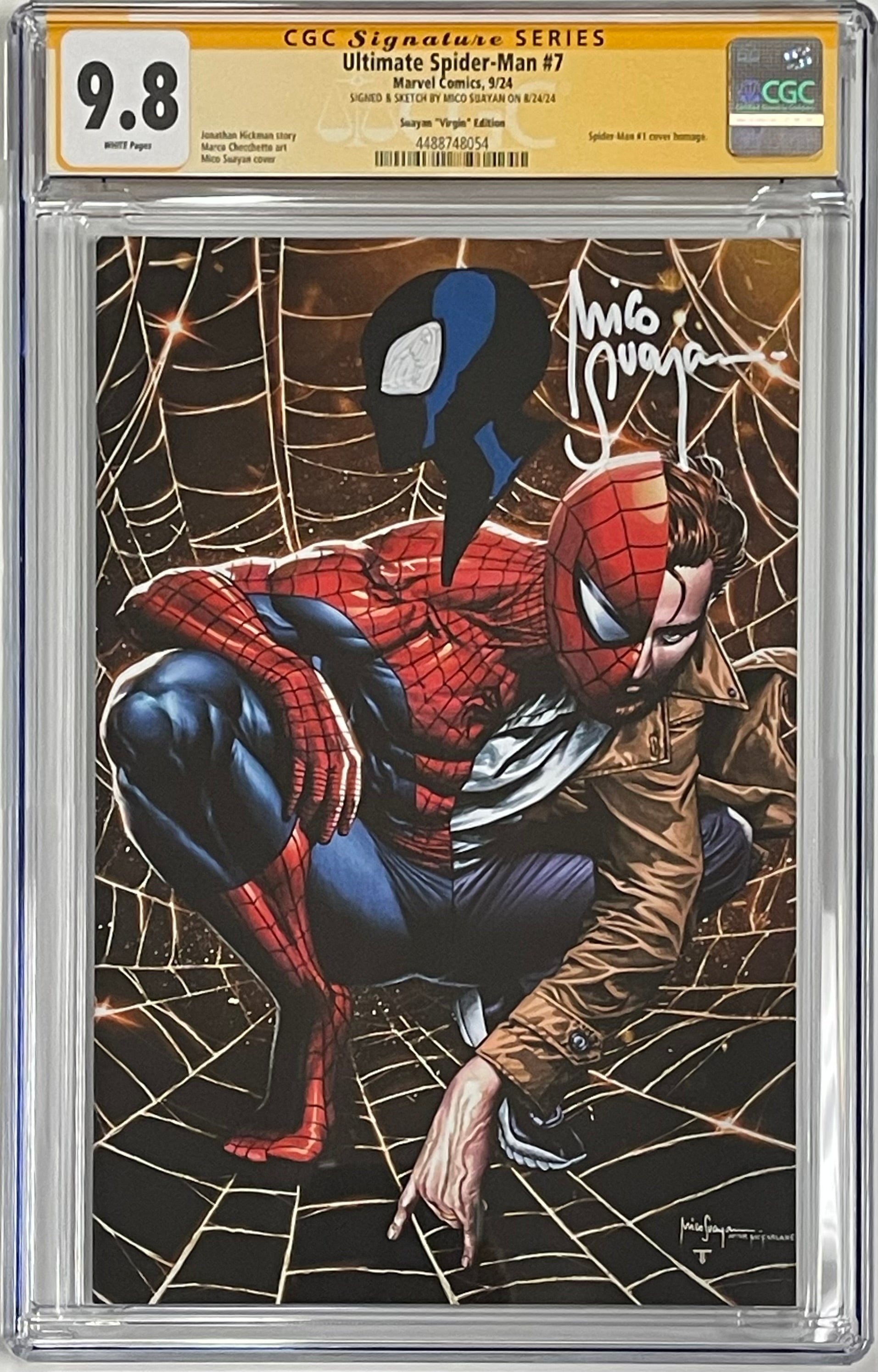 ULTIMATE SPIDER-MAN #7 MICO SUAYAN EXCLUSIVE VIRGIN EDITION SIGNED W/BLACK COSTUME SPIDER-MAN SKETCH BY MICO SUAYAN CGC 9.8 (C72)