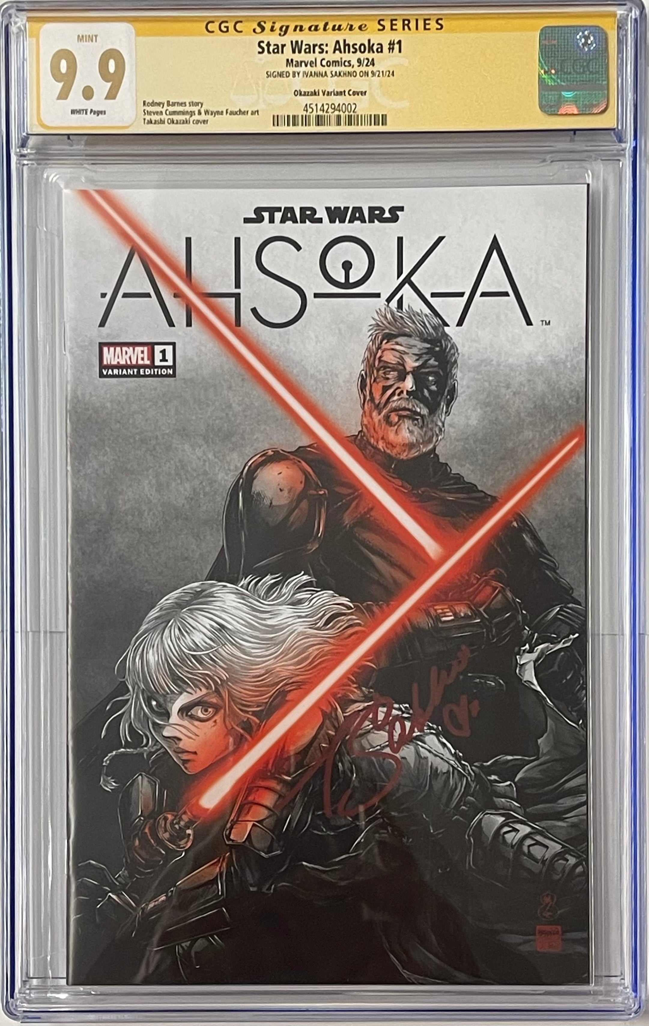 STAR WARS: AHSOKA #1 TAKASHI OKAZAKI LIMITED EDITION EXCLUSIVE VARIANT SIGNED BY IVANNA SAKHNO CGC 9.9 MINT (C104)