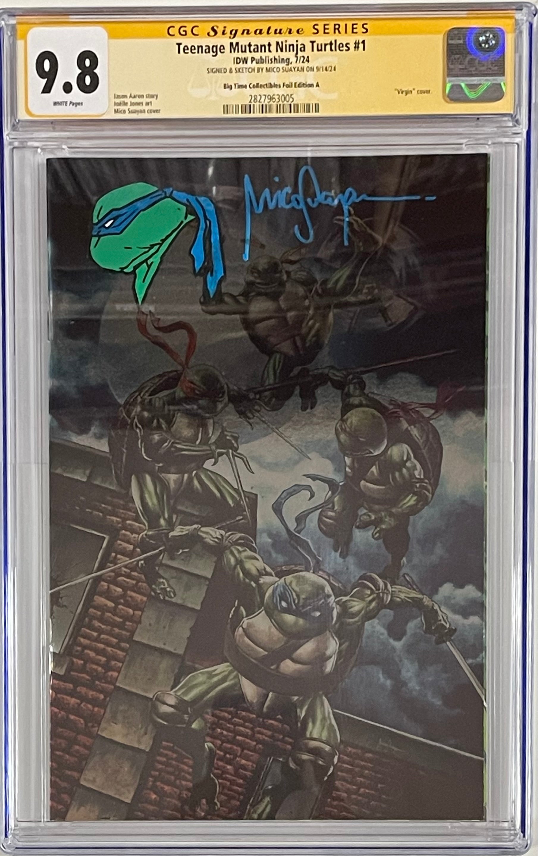 Teenage Mutant Ninja Turtles (2024) #1 MICO SUAYAN EXCLUSIVE FOIL VARIANT SIGNED W/COLORED LEONARDO SKETCH BY MICO SUAYAN CGC 9.8 (C58)