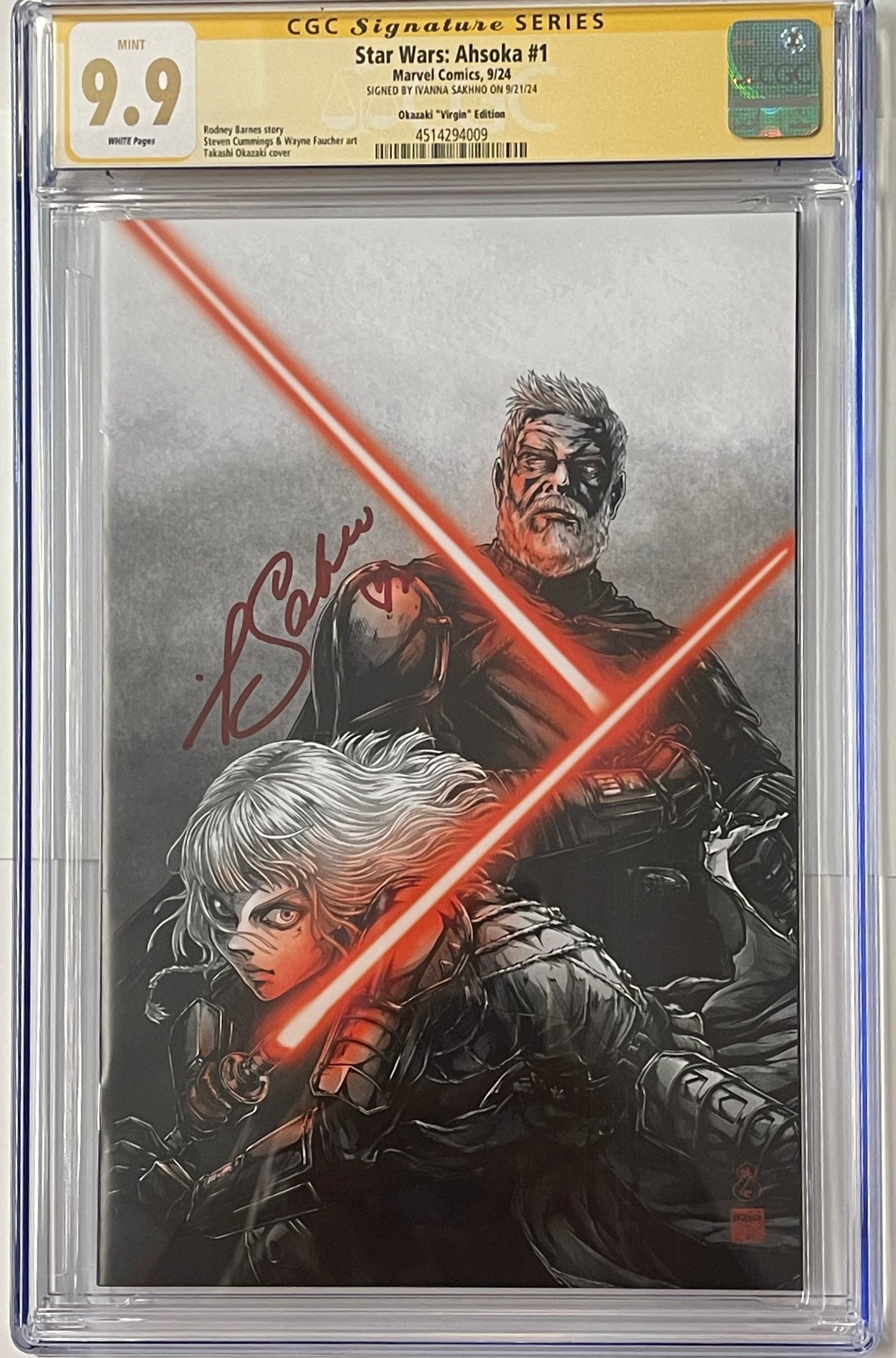 STAR WARS: AHSOKA #1 TAKASHI OKAZAKI LIMITED EDITION EXCLUSIVE VIRGIN VARIANT SIGNED BY IVANNA SAKHNO CGC 9.9 MINT (C103)