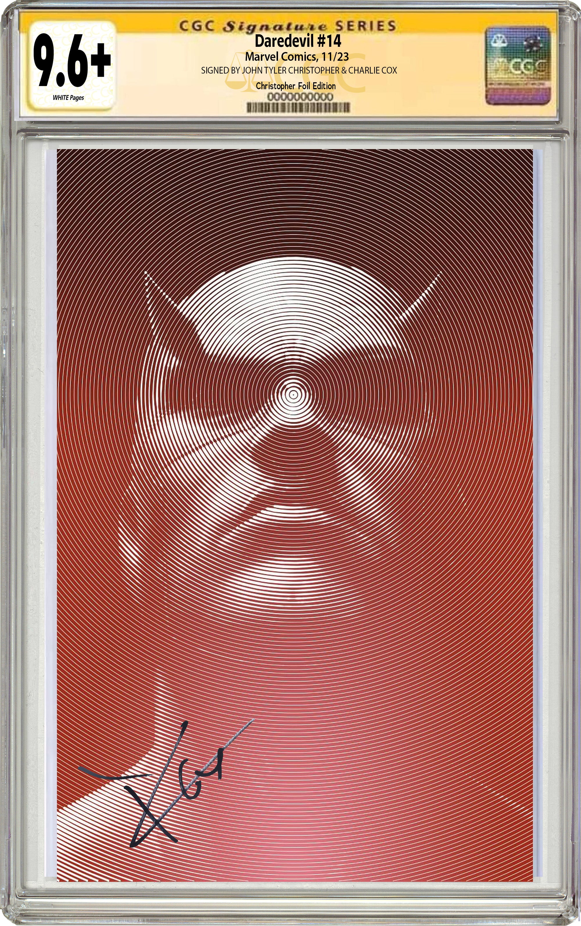 DAREDEVIL #14 JTC VIRGIN FOIL EDITION SIGNED BY CHARLIE COX & JOHN TYLER CHRISTOPHER CGC 9.6 OR BETTER