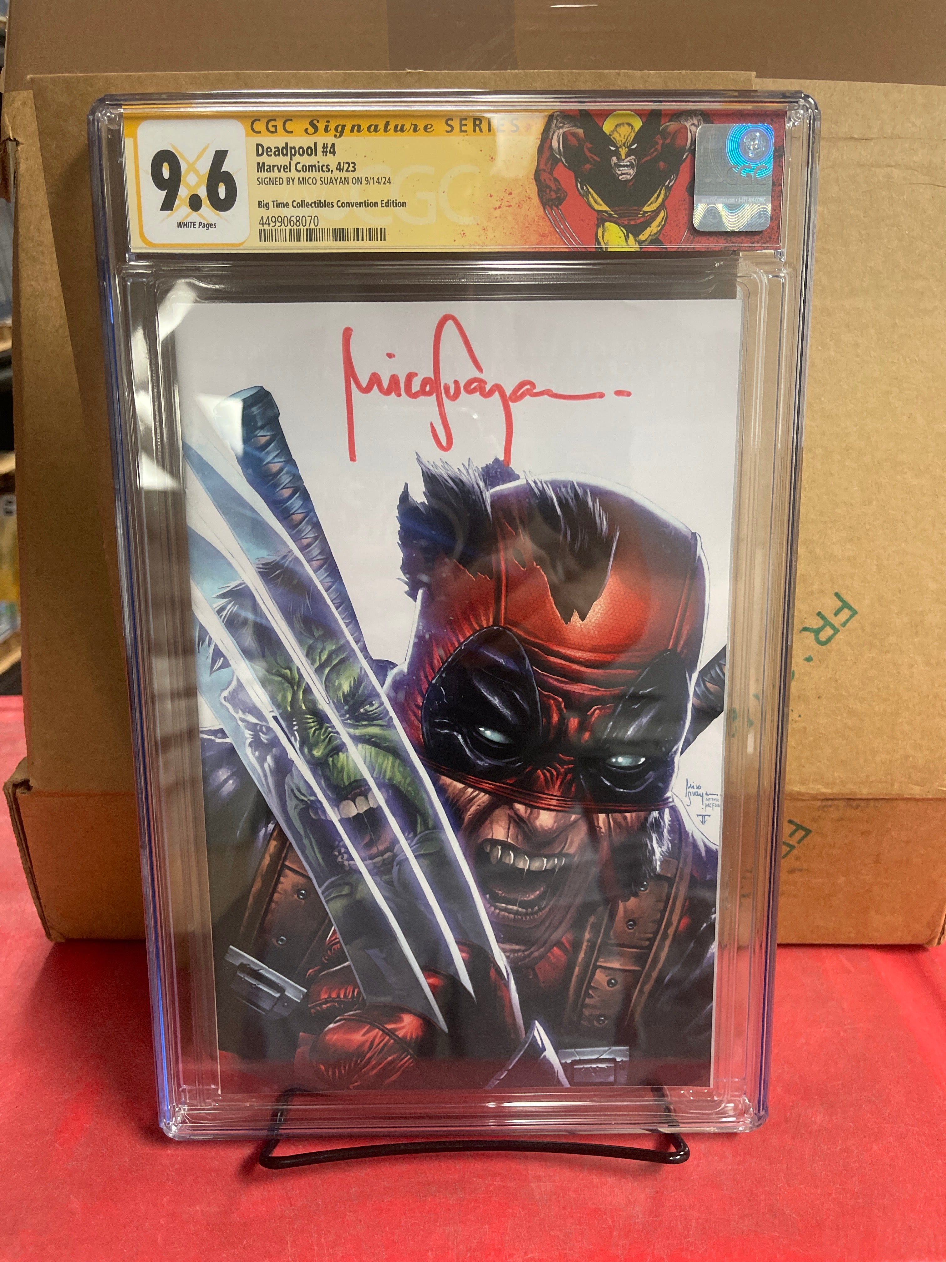 DEADPOOL #4 MICO SUAYAN EXCLUSIVE SECRET DROP SIGNED BY MICO SUAYAN CGC 9.6 W/WOLVERINE CUSTOM LABEL (C70)