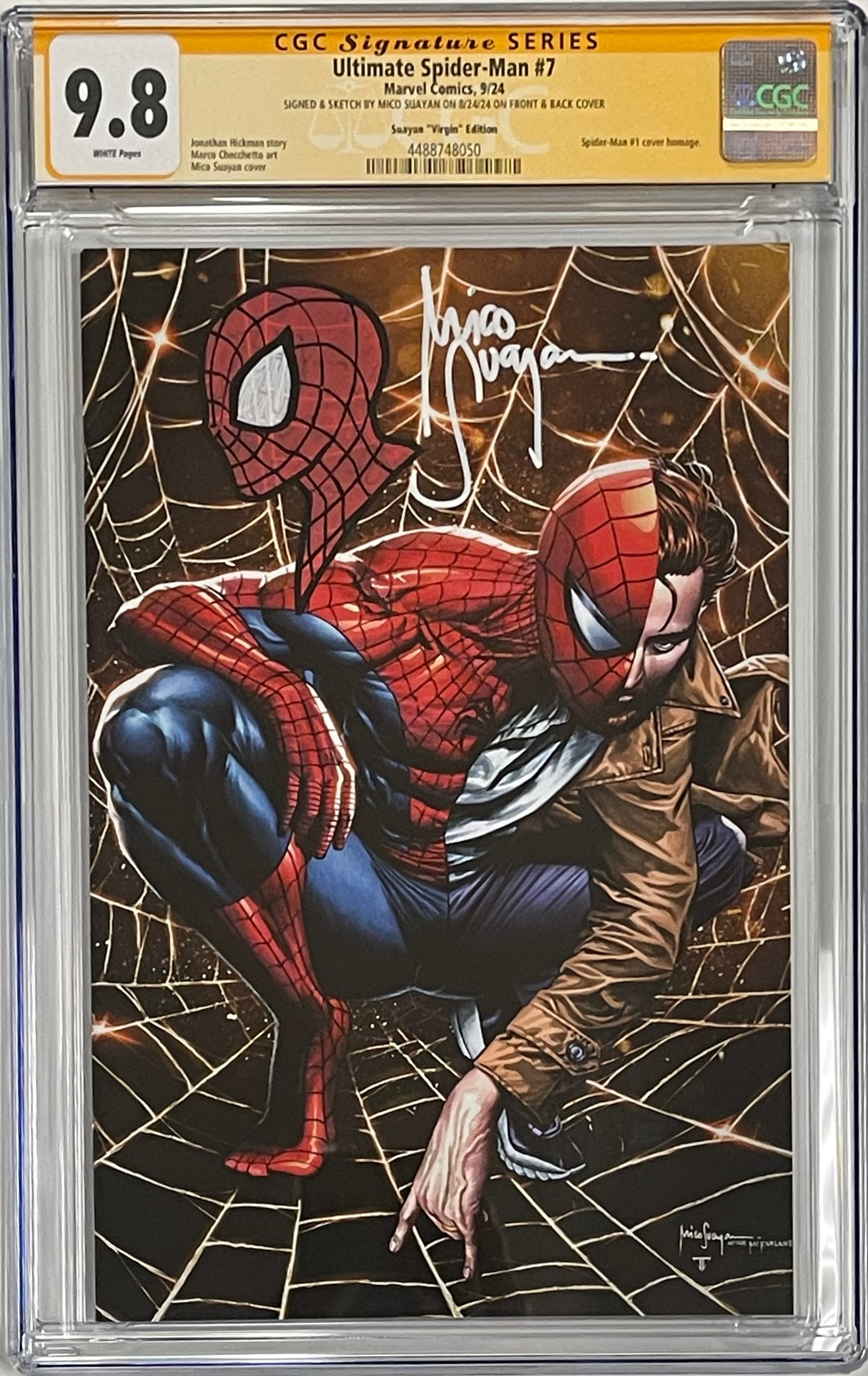 ULTIMATE SPIDER-MAN #7 MICO SUAYAN EXCLUSIVE VIRGIN EDITION SIGNED W/COLORED SPIDER-MAN SKETCH ON FRONT & VENOMIZED LOGO AT THE BACK BY MICO SUAYAN CGC 9.8 (C70)