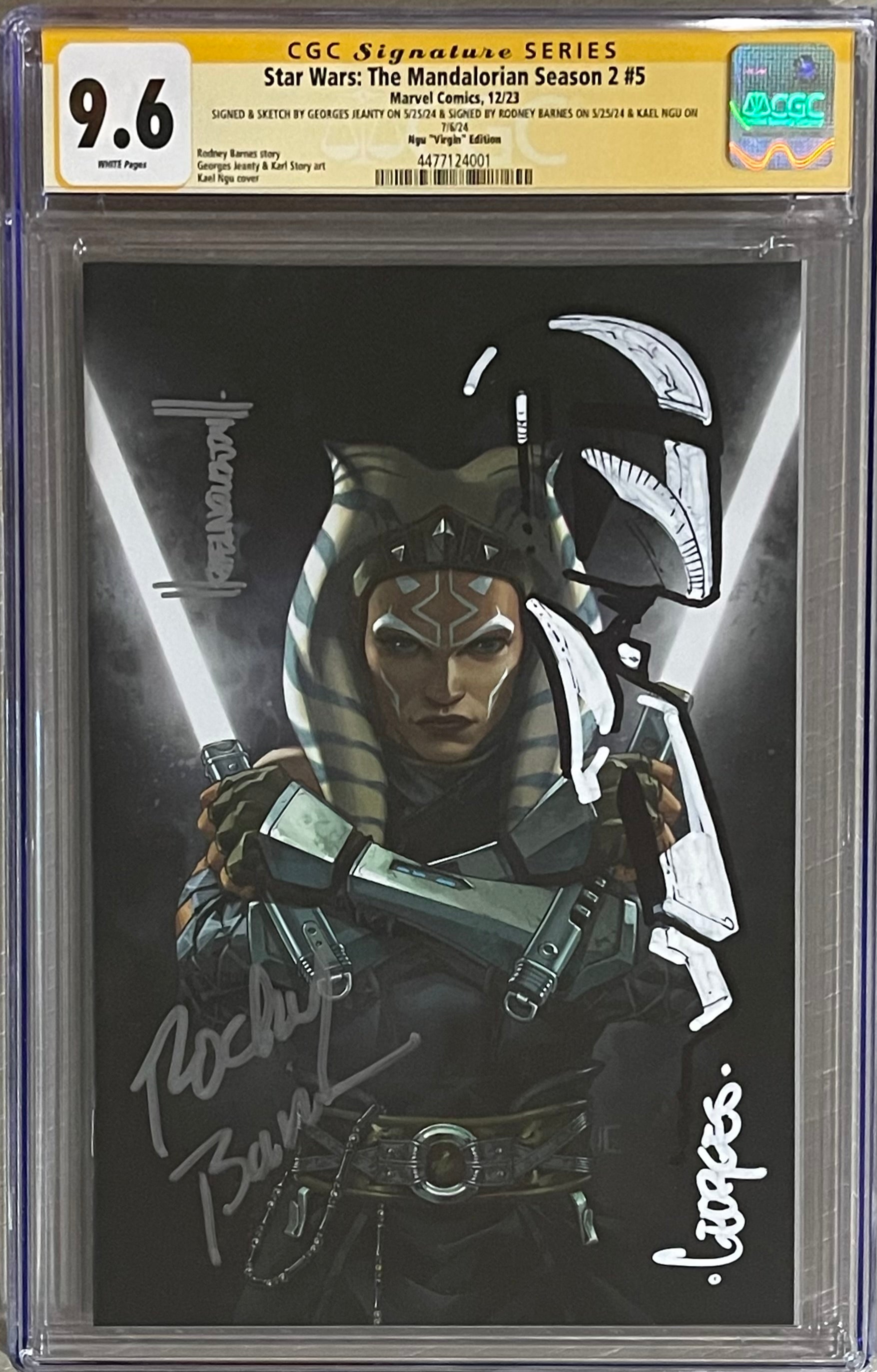 STAR WARS THE MANDALORIAN SEASON 2 #5 KAEL NGU EXCLUSIVE VIRGIN VARIANT SIGNED BY KAEL NGU, RODNEY BARNES W/MANDALORIAN SKETCH BY GEORGES JEANTY CGC 9.6 (IN STOCK) C87