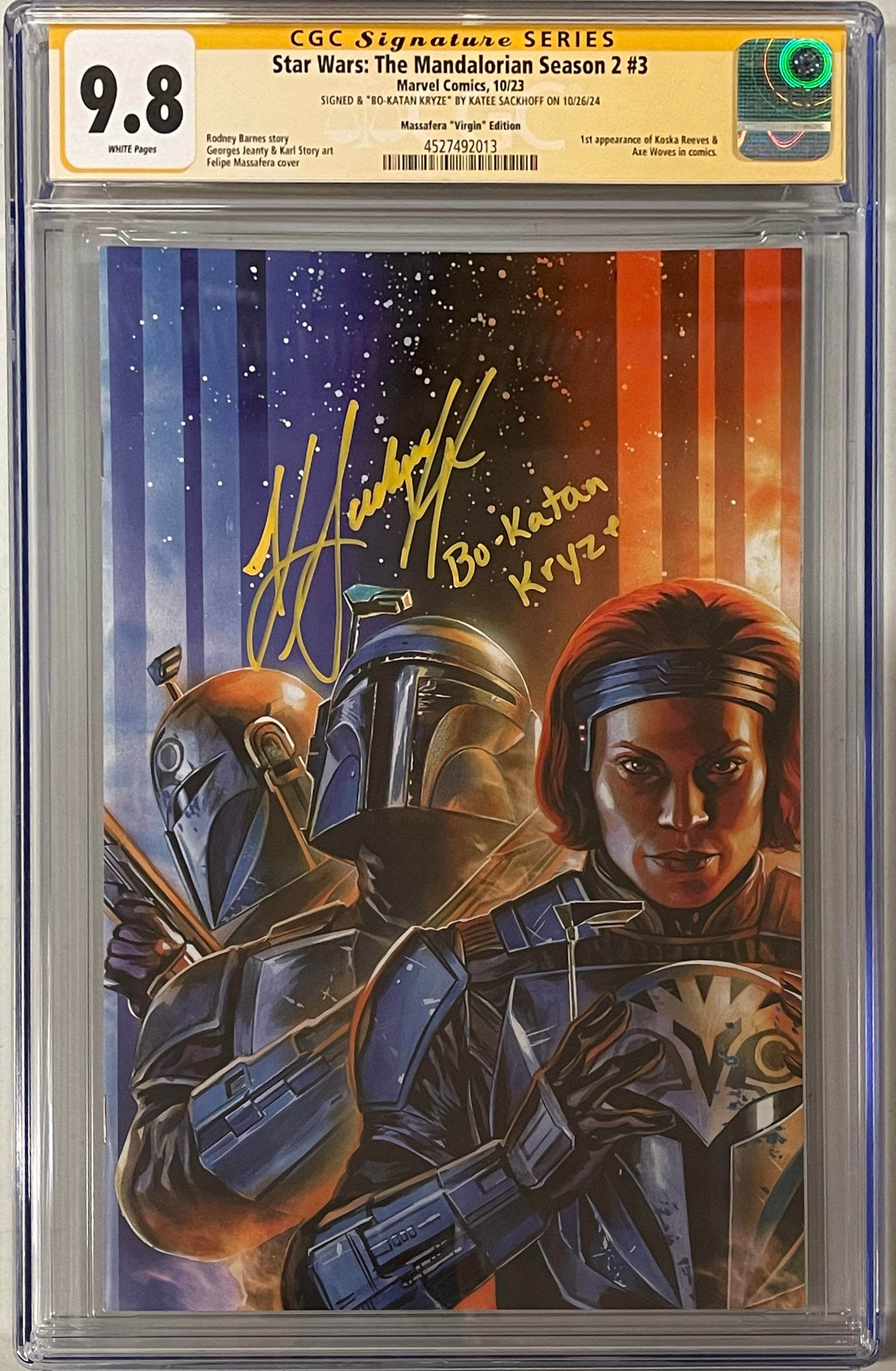 STAR WARS: THE MANDALORIAN SEASON 2 #3 FELIPE MASSAFERA EXCLUSIVE VIRGIN VARIANT SIGNED BY KATEE SACKHOFF CGC 9.8 (IN STOCK C62)