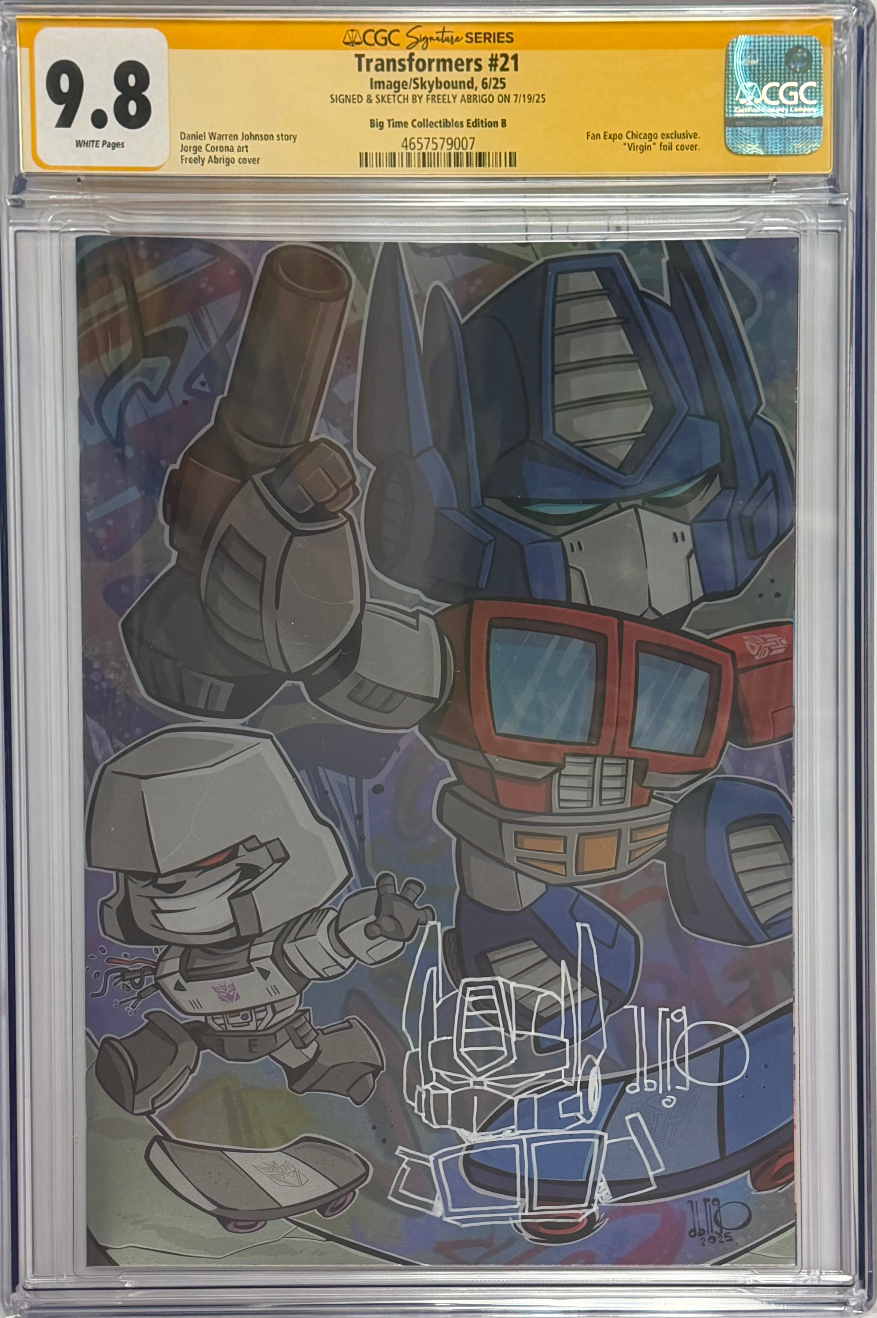 TRANSFORMERS #21 FREEL ABRIGO EXCLUSIVE FOIL EDITION SIGNED W/OPTIMUS PRIME SKETCH BY FREELY ABRIGO CGC 9.8 (IN STOCK) C63