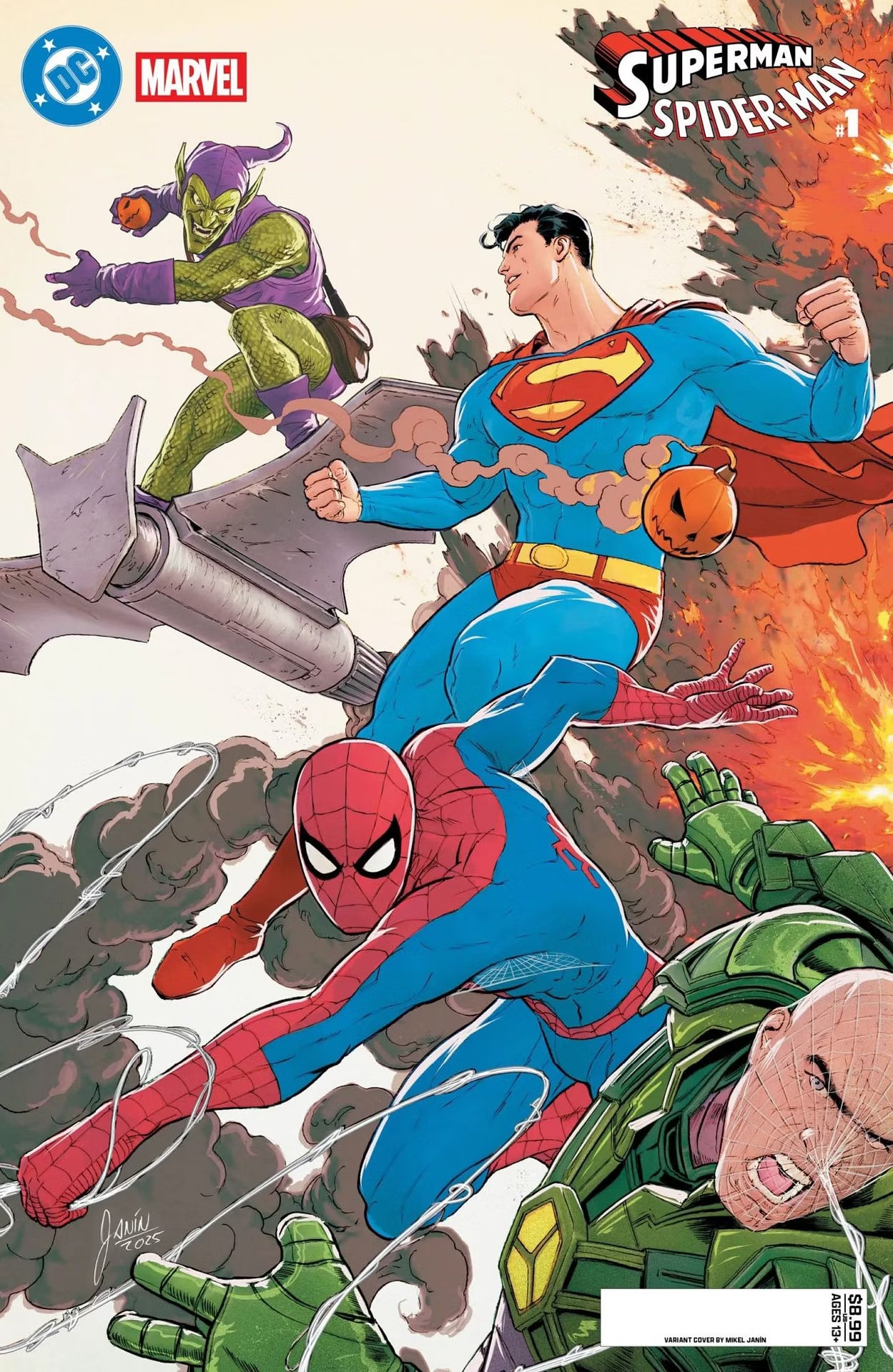 DC MARVEL SUPERMAN SPIDER-MAN #1 (ONE SHOT) CVR J MIKEL JANIN SUPERMAN & SPIDER-MAN VS LEX LUTHOR & GREEN GOBLIN CARD STOCK VAR (03-25-26)
