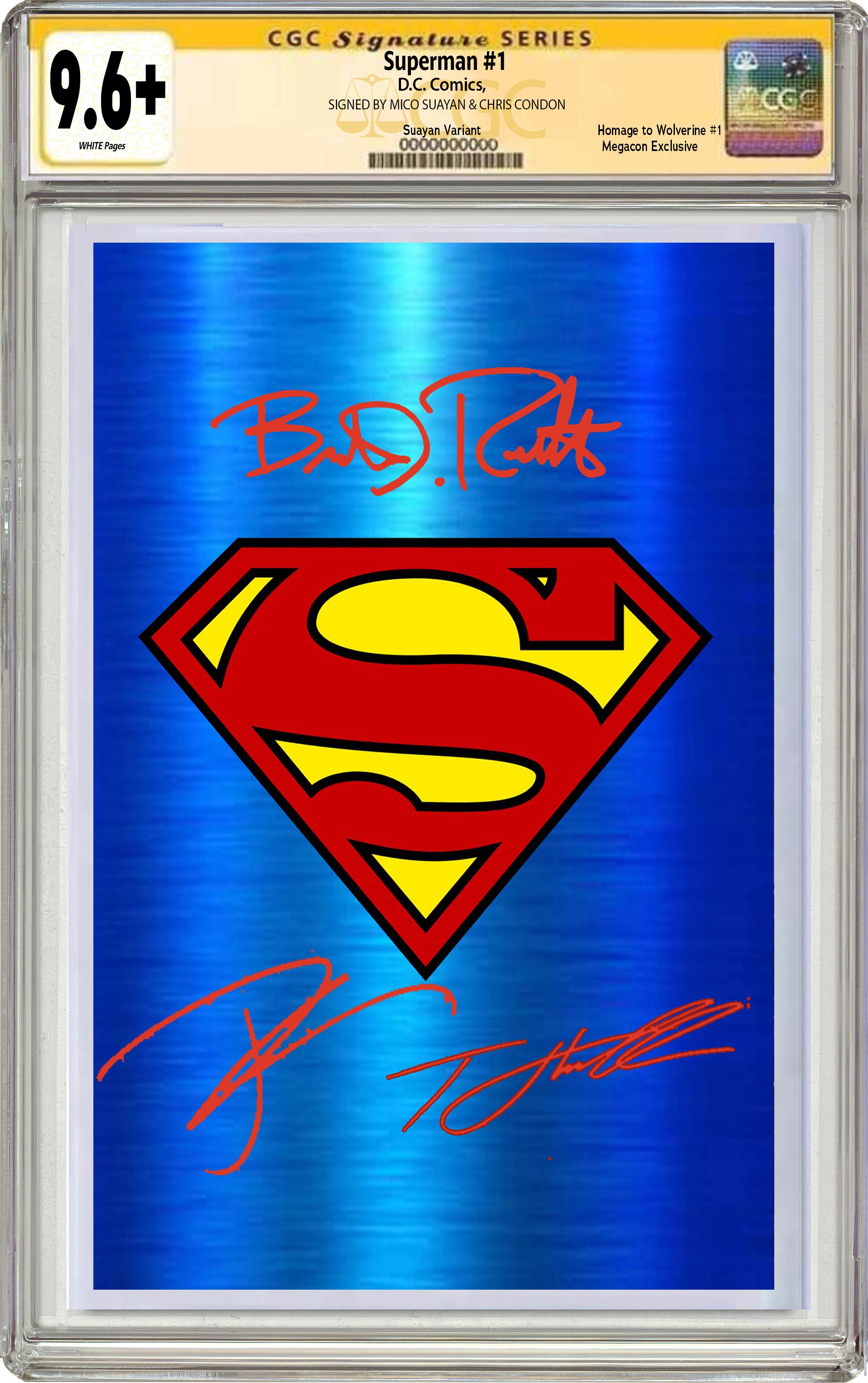 SUPERMAN #1 BTC EXCLUSIVE CLASSIC BLUE FOIL VARIANT SIGNED BY BRANDON ROUTH, TOM WELLING & TYLER HOECHLIN CGC 9.6 OR BETTER