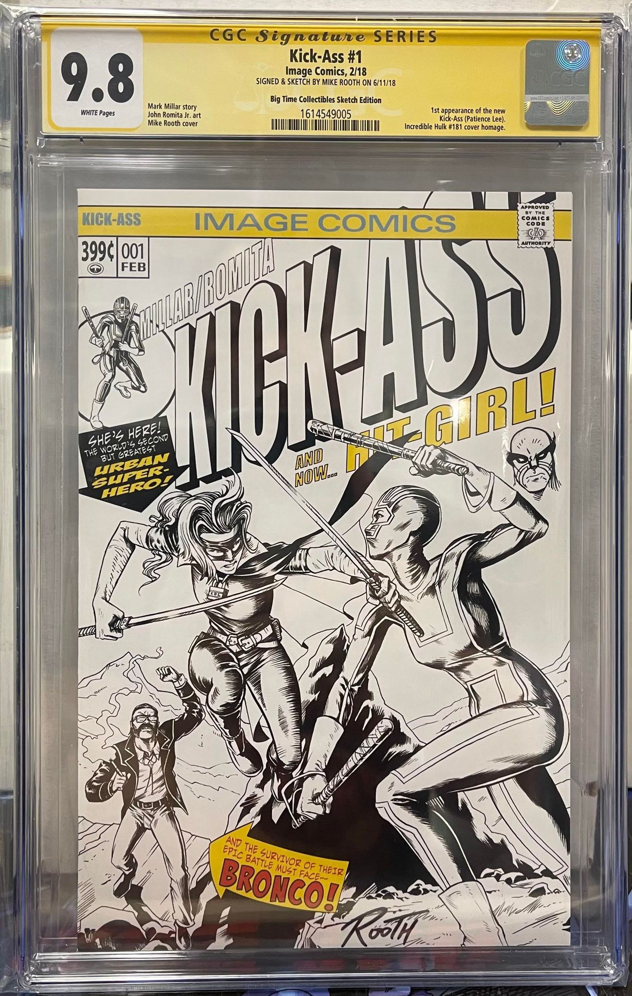 KICK-ASS #1 BTC EXCLUSIVE SKETCH COVER CGC 9.8 W/WOLVERINE REMARK BY MIKE ROOTH