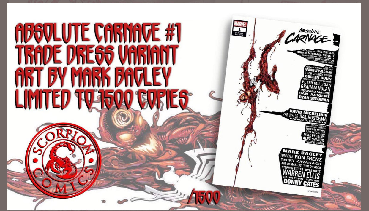 ABSOLUTE CARNAGE #1 MARK BAGLEY SKYLINE EXCLUSIVE TRADE DRESS & VIRGIN OPTIONS