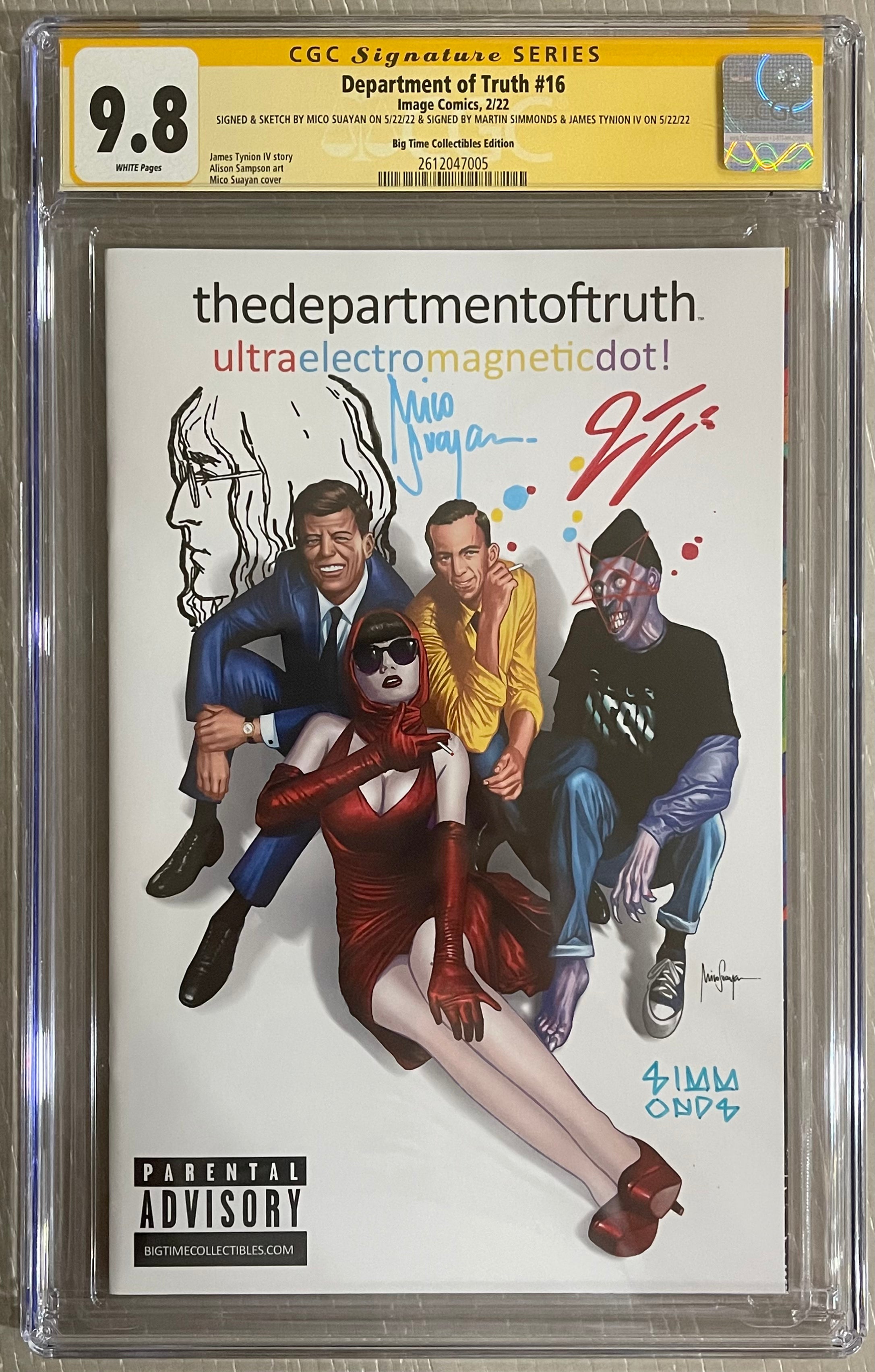 DEPARTMENT OF TRUTH #16 EXCLUSIVE CGC 9.8 SIGNED & REMARKED (JOHN LENNON) BY MICO SUAYAN, SIGNED BY MARTIN SIMMONDS & JAMES TYNION IV