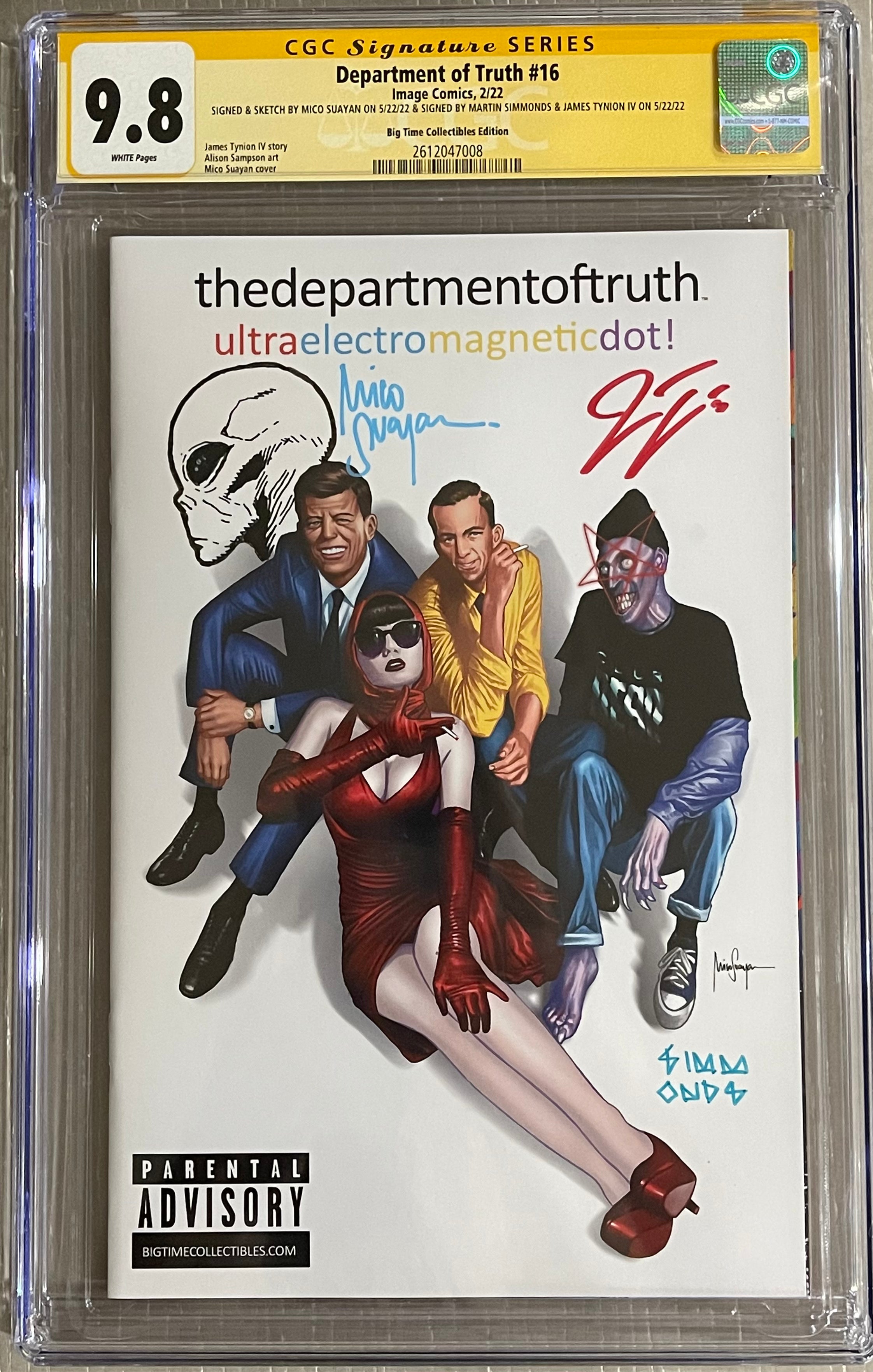 DEPARTMENT OF TRUTH #16 EXCLUSIVE CGC 9.8 SIGNED & REMARKED (ALIEN) BY MICO SUAYAN, SIGNED BY MARTIN SIMMONDS & JAMES TYNION IV
